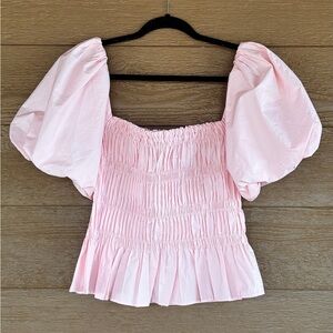 Astr Pink Puff Sleeve Smocked Peplum Top